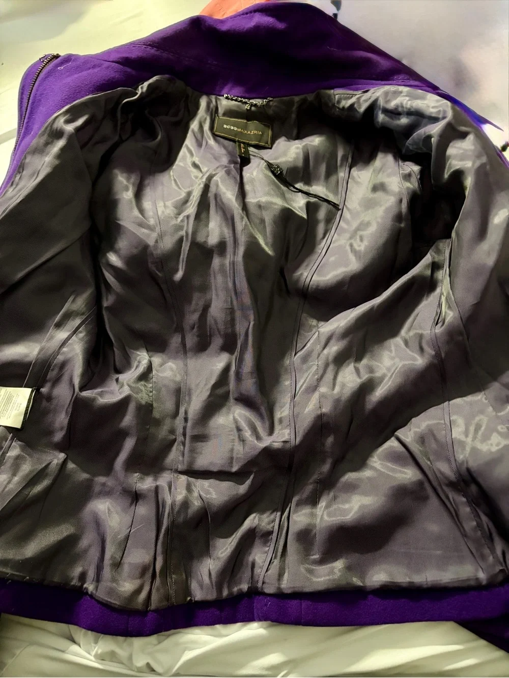 BCBGMaxAzria Purple Structured Ruffle Front Wool-Blend Coat and belted cuffs